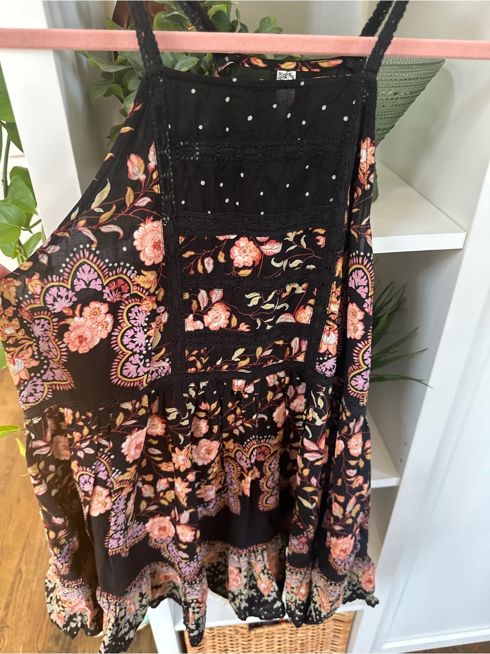 Free People Black Floral Print Circle Shirt/dress with Peach & Pink Accents